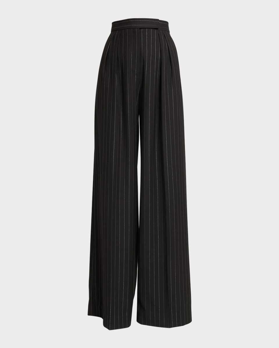 High-Rise Metallic Pinstripe Pleated Wide-Leg Trousers